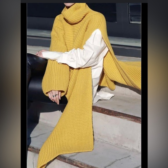 Fashion Pure Color High Neck Irregular Sweater mustard yellow. - Picture 4 of 4